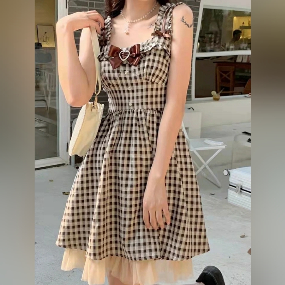 Brown gingham kawaii dress